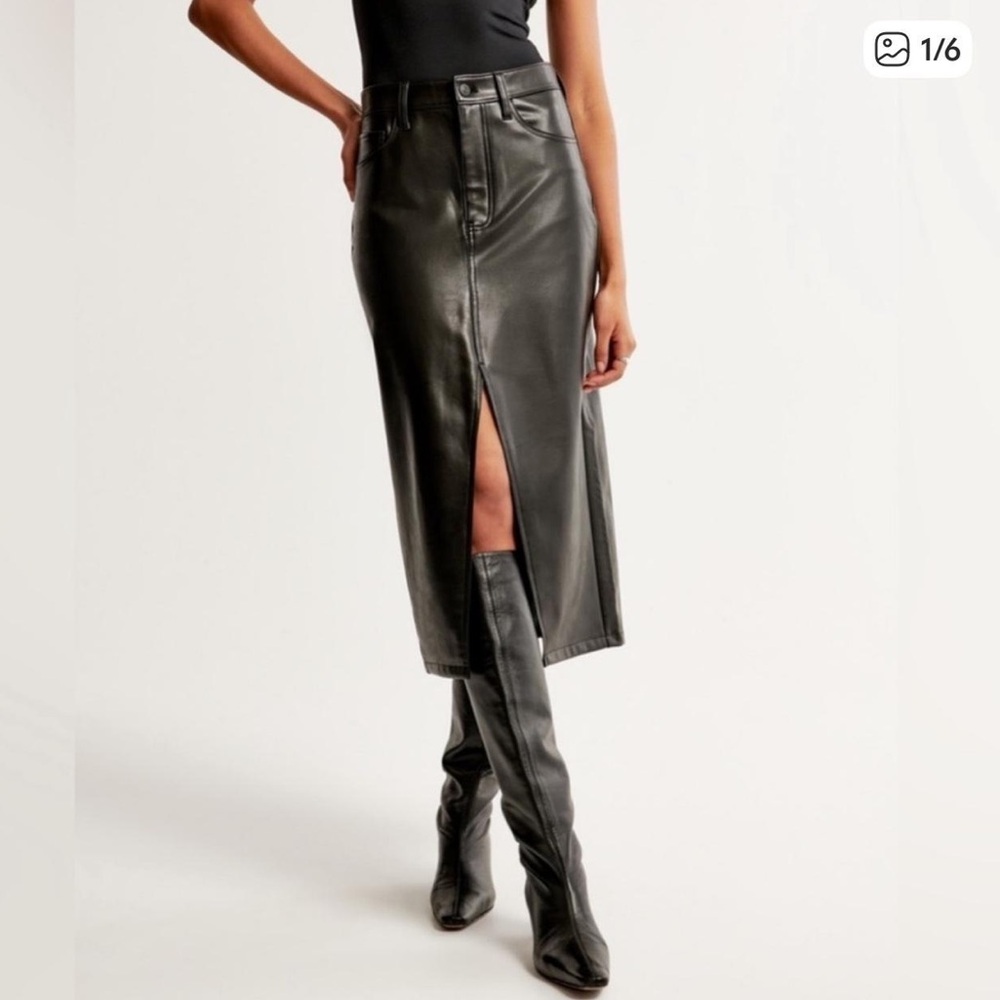 Abercrombie Vegan Leather Midi Skirt in Black